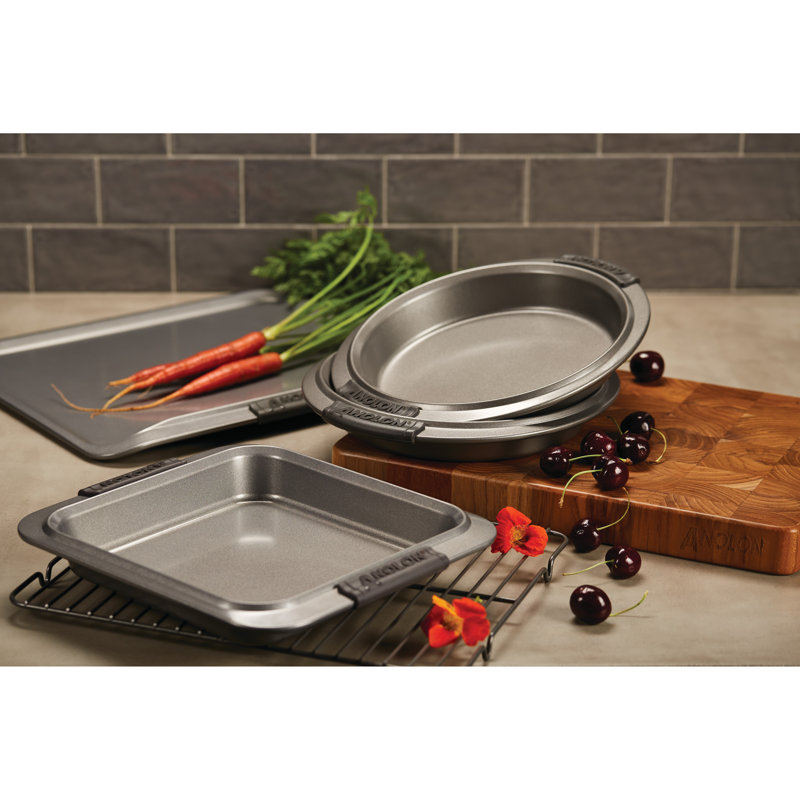 Anolon Advanced Nonstick Bakeware / Baking Set with Silicone Grips, Gray, 5-Piece Set (3 Cake Pans, 1 Cookie Sheet, 1 Rack)