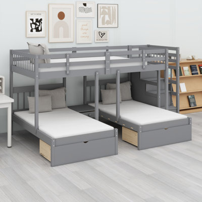Wood Triple Bunk Bed With Drawers And Guardrails