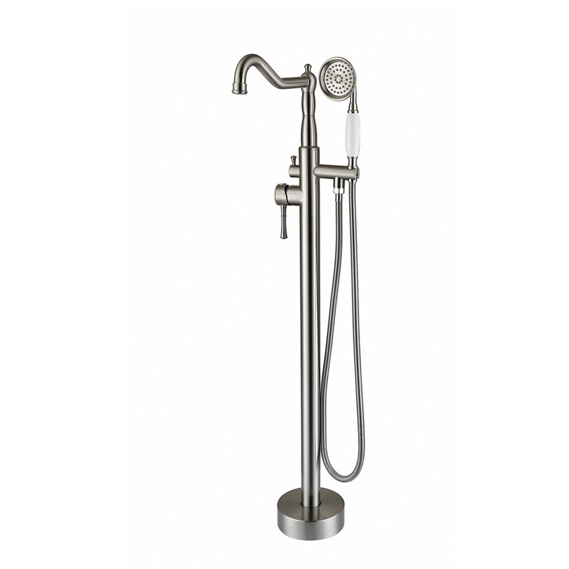 Robinet de baignoire autoportant à poignée simple classique avec douche à main, Nickel brossé