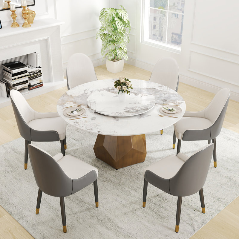 Round Sintered Stone Dining Table With Lazy Susan, Pandora, 29.53" H x 59.05" L x 59.05" W