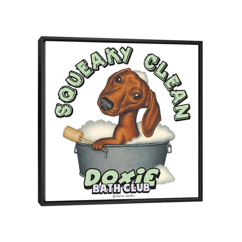 «Dachshund Squeaky Clean» par Danny Gordon, impression sur toile tendue, Cadre noir, H 12 po x l 12 po x P 1,5 po