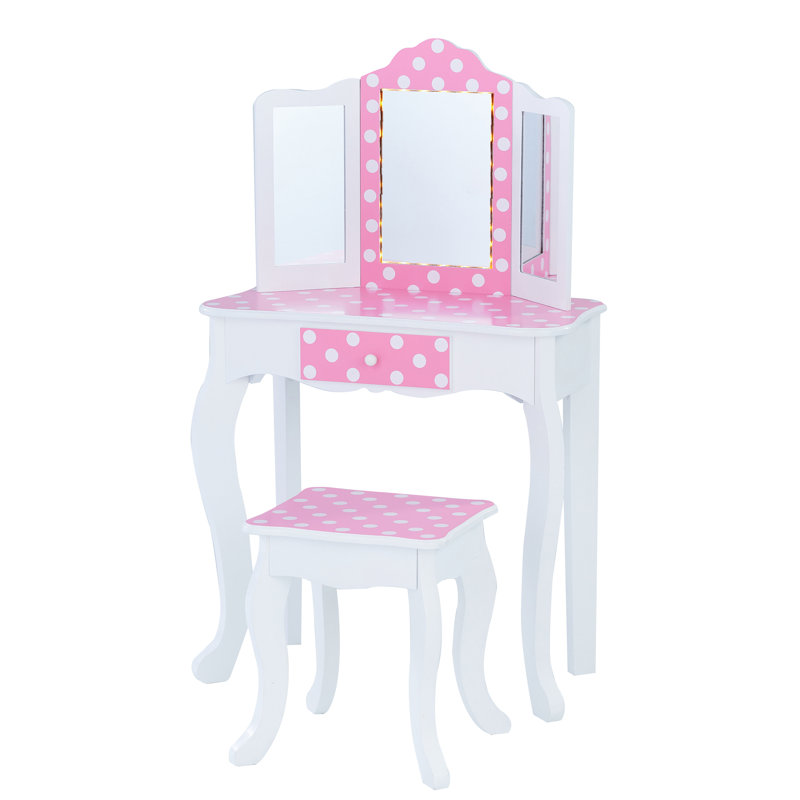  Fantasy Fields - Fashion Polka Dot Prints Gisele Play Vanity Set with LED Mirror Light, Pink/White
