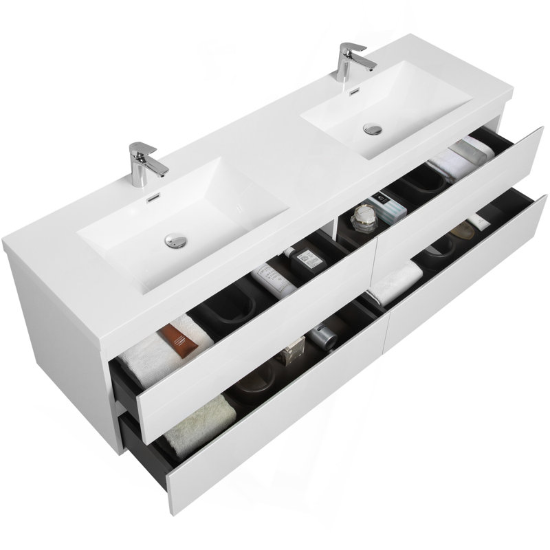 Floating Bathroom Vanity With Sink, Modern Wall-Mounted Bathroom Storage Vanity Cabinet With Surface Top Basin And 4 Soft Close Drawers