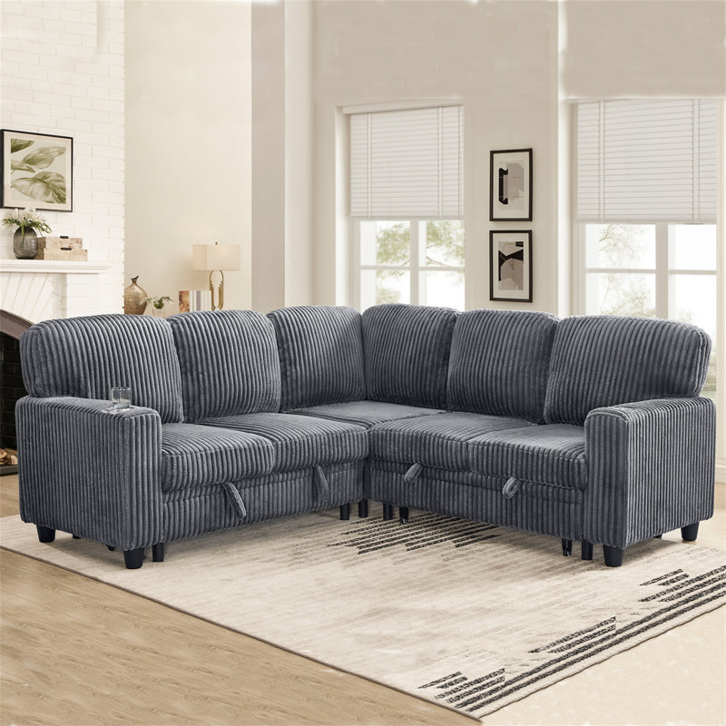 Canapé modulaire avec lit escamotable, rangement et chargement USB, Grey Corduroy