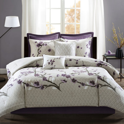 Édredon pour grand lit 8 pièces - mauve / taupe, coton, imprimé floral, inclus, motif floral, literie lavable à la machine