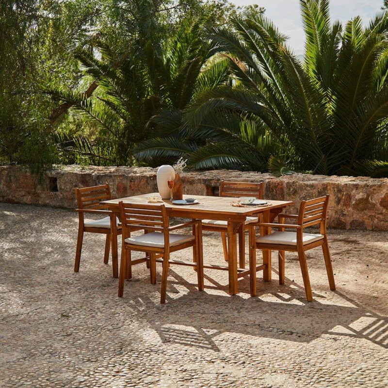 Sirmans 4 - Person Wood Patio Dining Set with Rectangular Table, No Umbrella (with Cream Cushions)