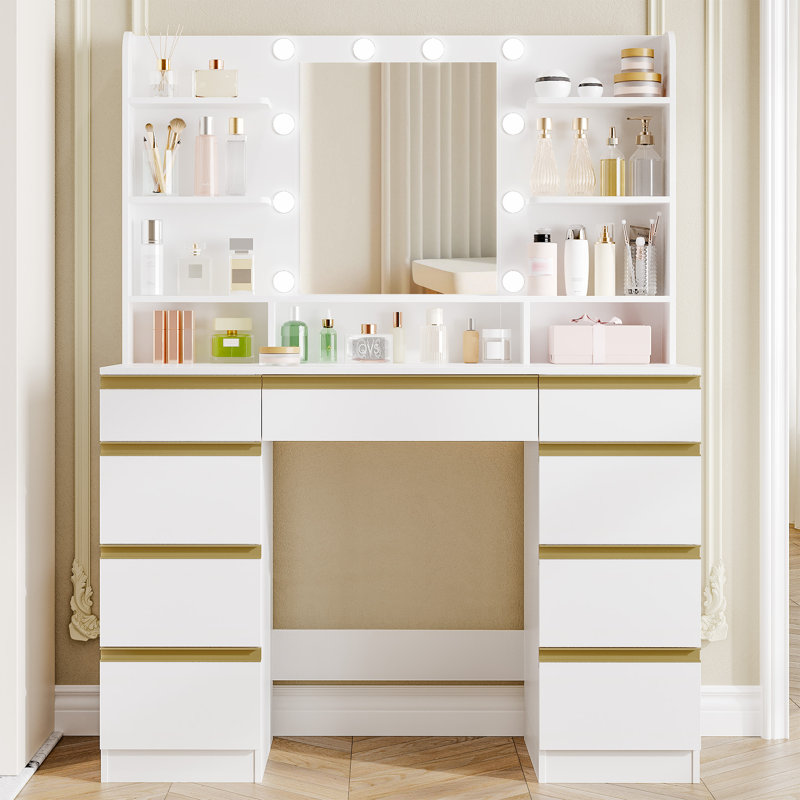 Dressing Table with Bulb/LED Light, Vanity Desk with 1 Large Drawer and 8 Small Drawer Cabinets, Adjustable Brightness, Large HD Mirror, 9 Open Storage Areas