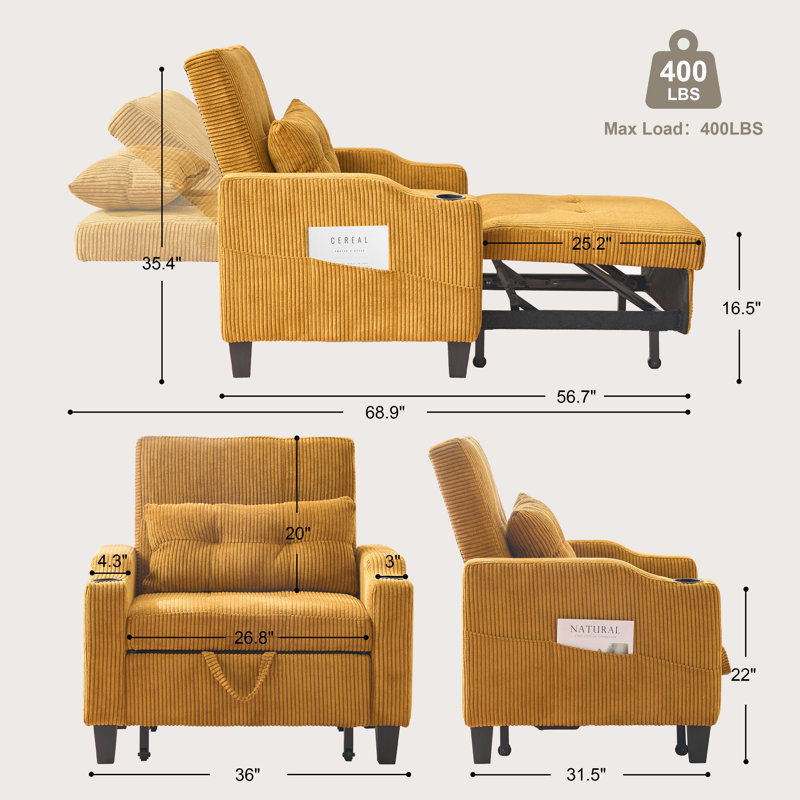 36" Wide Convertible Chair with Pull Handle - 3-In-1 Sleeper Futon Chair Bed with Cup Holder, Yellow