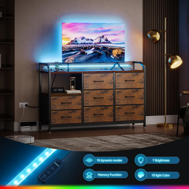 Retro Colour 8 Fabric Drawer Chest of Drawers with LED Strip Lights, 10 Colour Modes, 2 USB & 2 AC Sockets, Bedroom Living Room Storage Unit, 110 x 30 x 88cm