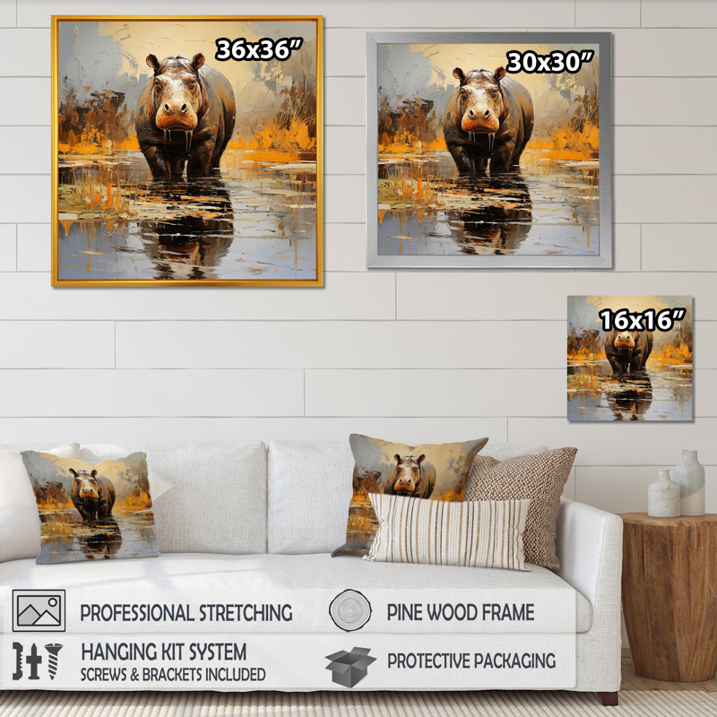 Hippopotame roi 5 - Hippopotame, art mural de salon, H 16 po x l 16 po x P 1 po, Toile tendue