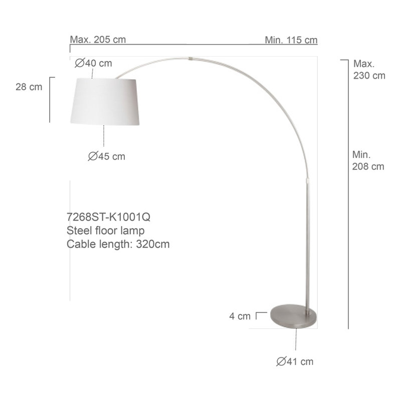 Sakamoto 208cm Arched Floor Lamp, Grey