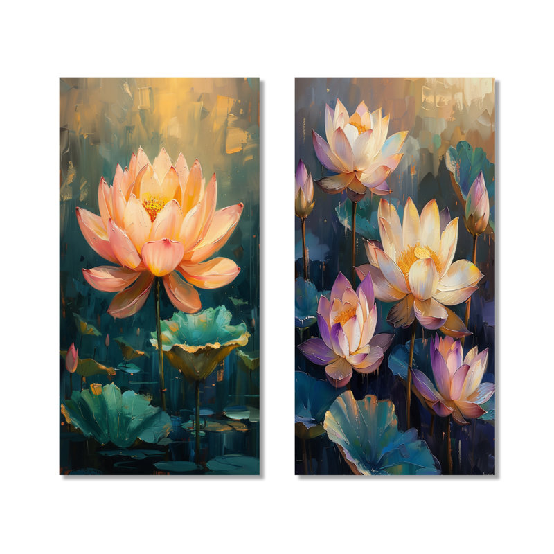 Étang de lotus rayonnant rose et vert I - ensemble de 2 impressions murales florales en métal, 40" H x 40" W