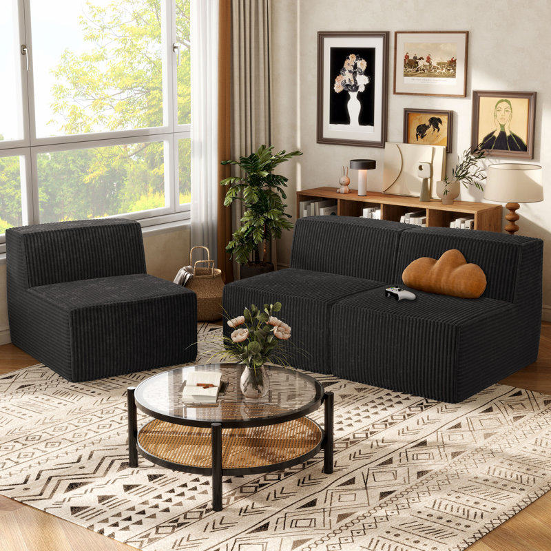Winkler 94.5" Chenille Modular Armless Sofa, Black