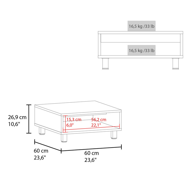 White Square Coffee Table With Open Shelf, 10" H, And Stylish Shelf In White, 10.44" Minimalist Look, White