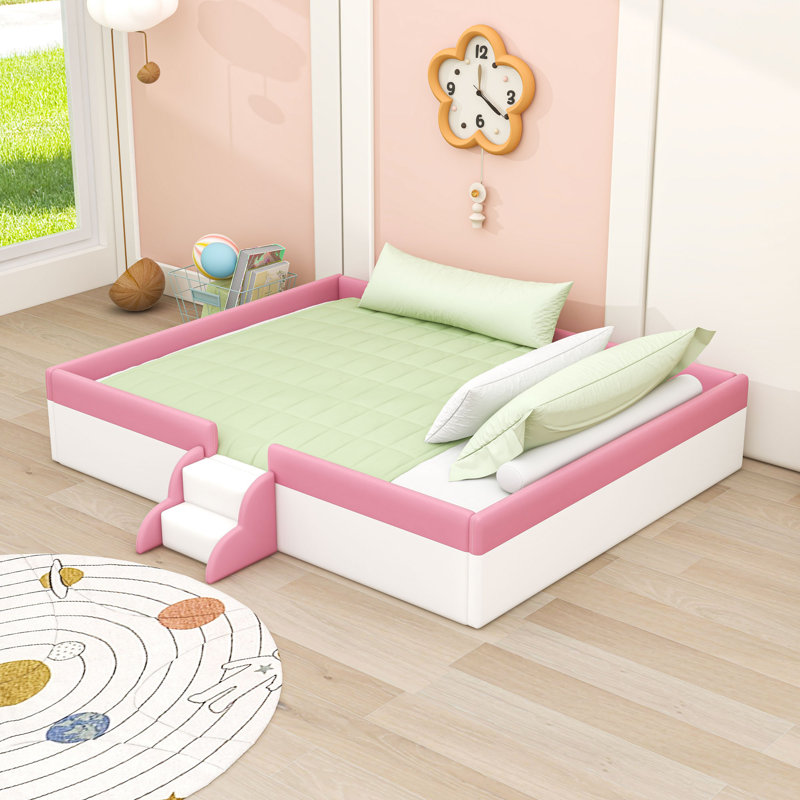 Upholstered Daybed with Staircase and Safety Fence, King, White Pink