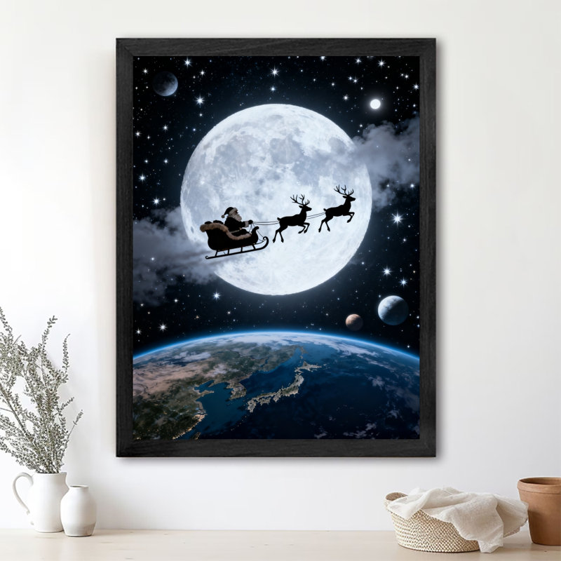 Reproduction d'art encadré noir rétro avec traîneau du père Noël contre la lune, H 25 po x l 17 po