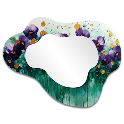 Lavender Pansies On Emerald Ink I - Pansies Irregular Asymmetrical Mirror, Traditional Wall Mirror, Printed on Metal