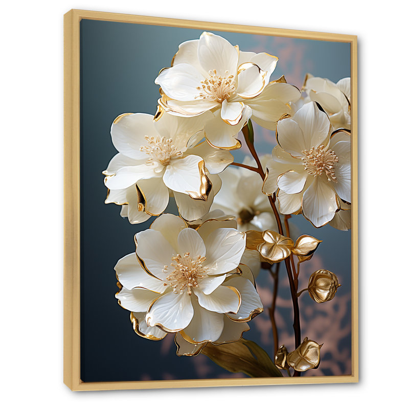 Hortensia baroque blanc et or II - hydrangées, art mural, Cadre flottant en érable, H 20 po x l 12 po x P 1 po