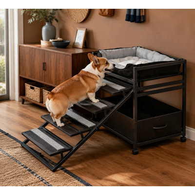 2-in-1 Foldable Pet Stairs and Ramp with Storage Cabinet; Chair-Style Ramp and Cat Ladder for High Beds, Cats and Medium or Small Dogs