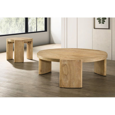Table basse contemporaine 2 pièces, salon et bout en bois flotté naturel, avec pieds arrondis arrondis, fabriqué en placage de chêne d'hévéa pour les pièces modernes et transitionnelles.
