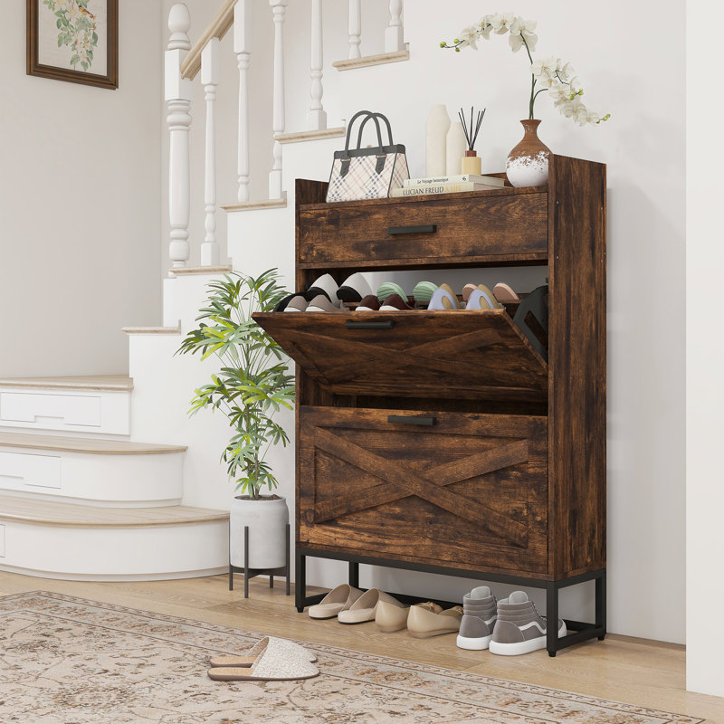 Armoire à chaussures étroite avec 2 portes rabattables et tiroir supérieur