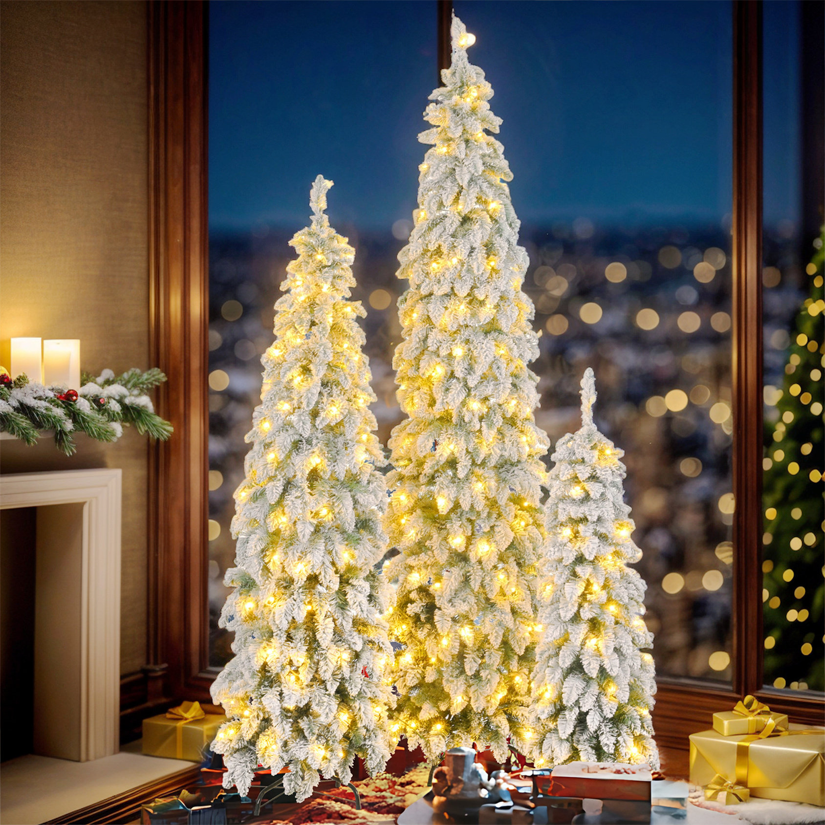 The Holiday Aisle® 3 Set PreLit Pencil Christmas Trees With ED Lights
