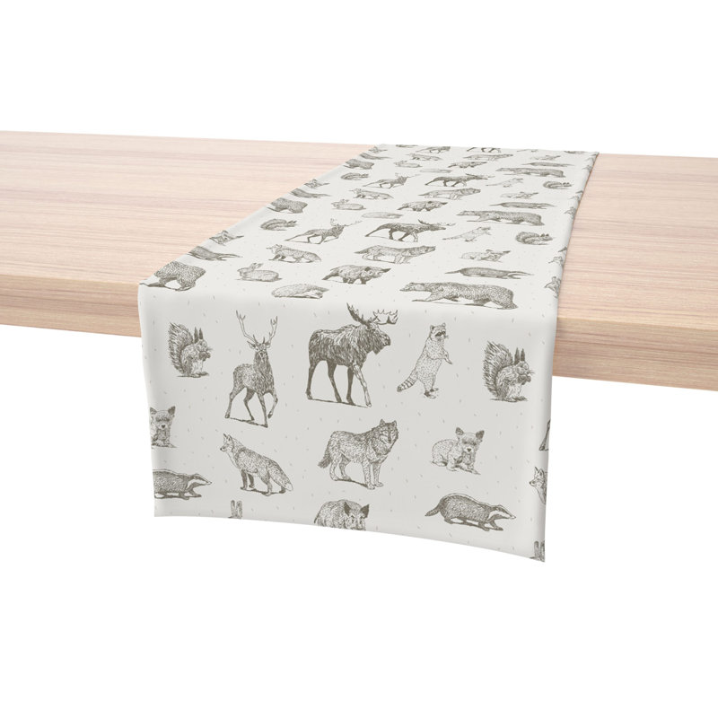 Table Runner, 100% Cotton, 16X108", Hand Drawn Wild Animals, 108" L x 16" W