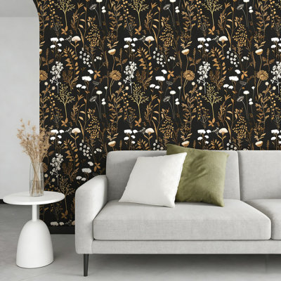 Black Gold Floral Peel And Stick Wallpaper - Vintage Botanical Self-Adhesive Contact Paper, Removable Waterproof Vinyl For Walls, Furniture, Cabinets, Tables And Home Decor