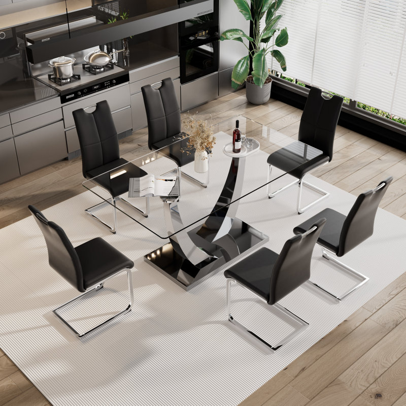 Ensemble de salle à manger 7 pièces, Argent, Noir / argent