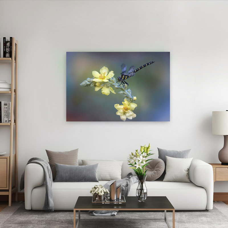 Striped Dragonfly On Mullein Delicate Vibrant Dragonfly Flower Nature Wall Art Print 1 Piece Wrapped Canvas Wall Art