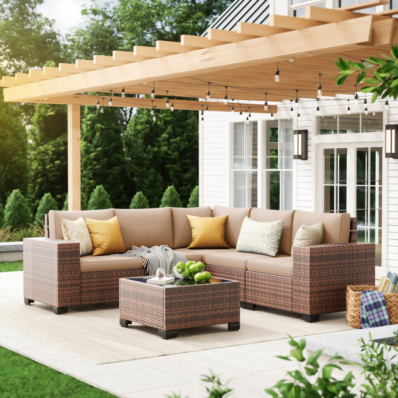 Ensemble de conversation modulaire en rotin 6 pièces avec coussins, Coussin beige / structure brune