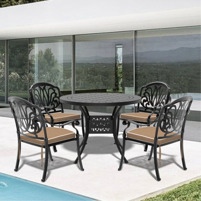 Patio Cast Aluminum 5 - Piece , Black Frame, Brown Seat Cushions, Rectangle Patterns, Coating, Comfortable Seating Experience, Space Saving Stacking Of Outdoor Furniture, Traditional Weather Back And
