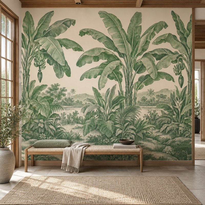 Papier peint rétro paysage jungle tropicale Toile, 100 po x 96 po, Non tissé
