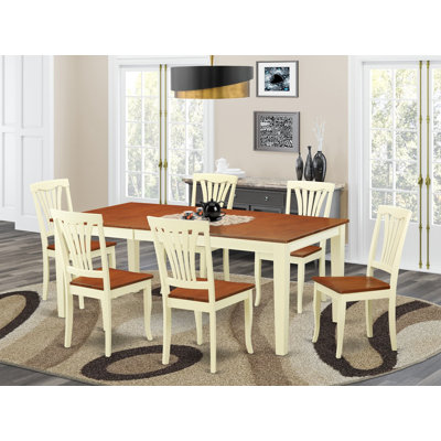 7 Piece Dining Table Set Consist of a Rectangle Dining Room Table with Butterfly Leaf and 6 Wooden Seat Chairs, Buttermilk & Cherry