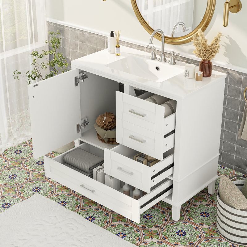 Modern Bathroom Vanity with Soft-Close Door and Drawers, Solid Wood Frame Storage Cabinet, White