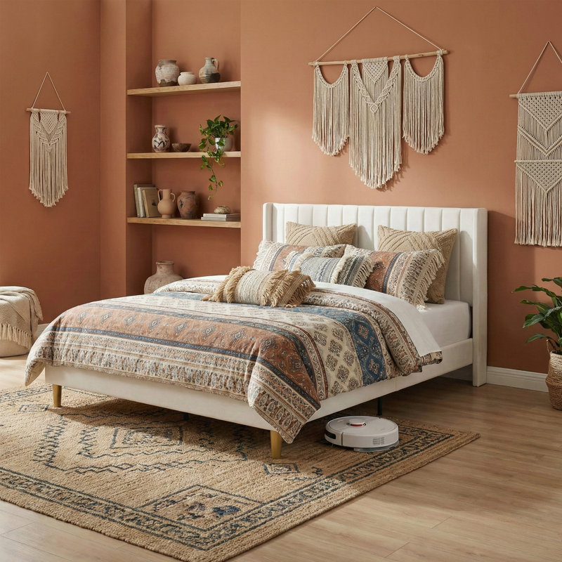 Base de lit tapissier avec tête de lit à oreilles Deeb, Très grand, Velours crème