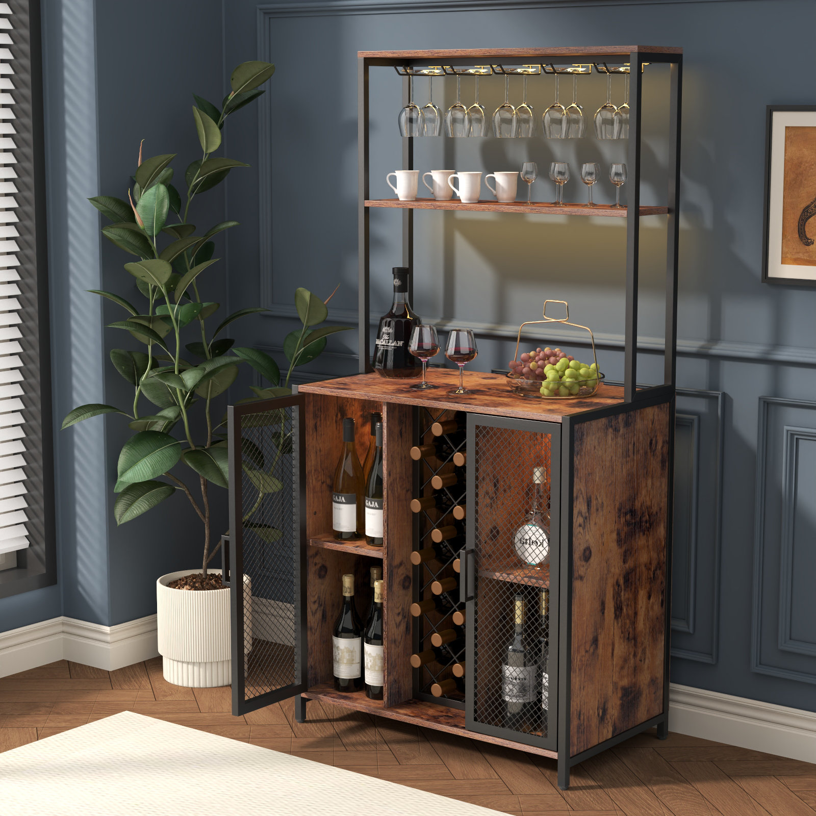 17 Stories Wine Bar Cabinet With LED Lights, Wine Rack And Glass Slots ...