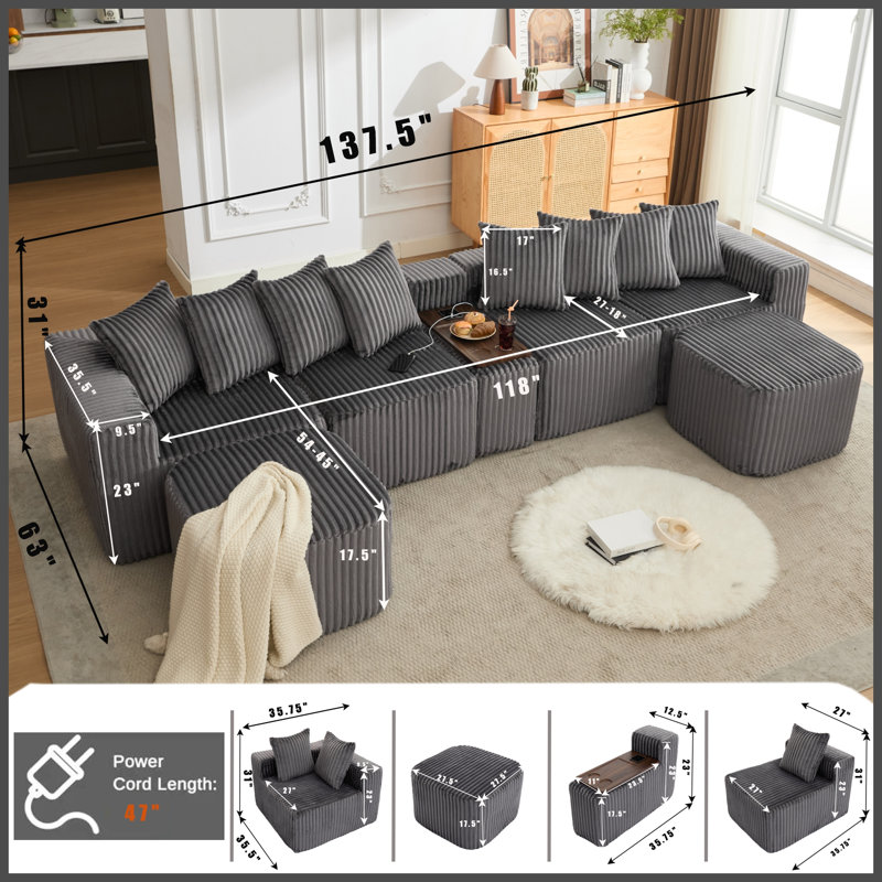 [NOUVEAUTÉ] [VIDÉO DISPONIBLE] Canapé d'angle en U de 350 cm (137,5 po), chargement USB et sans fil, table basse avec porte-gobelet, canapé modulaire surdimensionné et mobile, repose-pieds amovible, aucun assemblage requis, 6 places, velours côtelé, gris