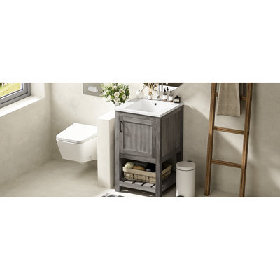 Modern Grey Bathroom Vanity With Sink - 16", Small Space Optimized, Rectangular Basin, Storage Options 16" Grey, Compact Design For Baths, Ceramic Basin &