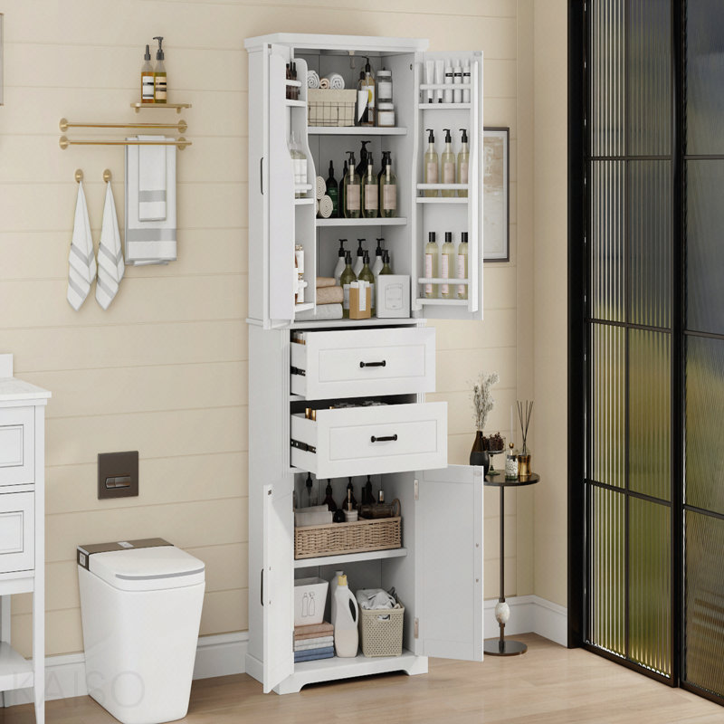 [Vidéo] Armoire de rangement avec espace de rangement multifonctionnel, portes avec tablettes de rangement, 2 tiroirs, tablette réglable, blanc (même numéro de pièce: N759p293426k)