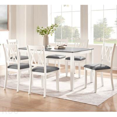 Modern 7-Piece Solid Wood Dining Set With 6 Upholstered Chairs – Grey & White Two-Tone Rectangular Table For 6, Space-Saving Kitchen & Dining Room Set