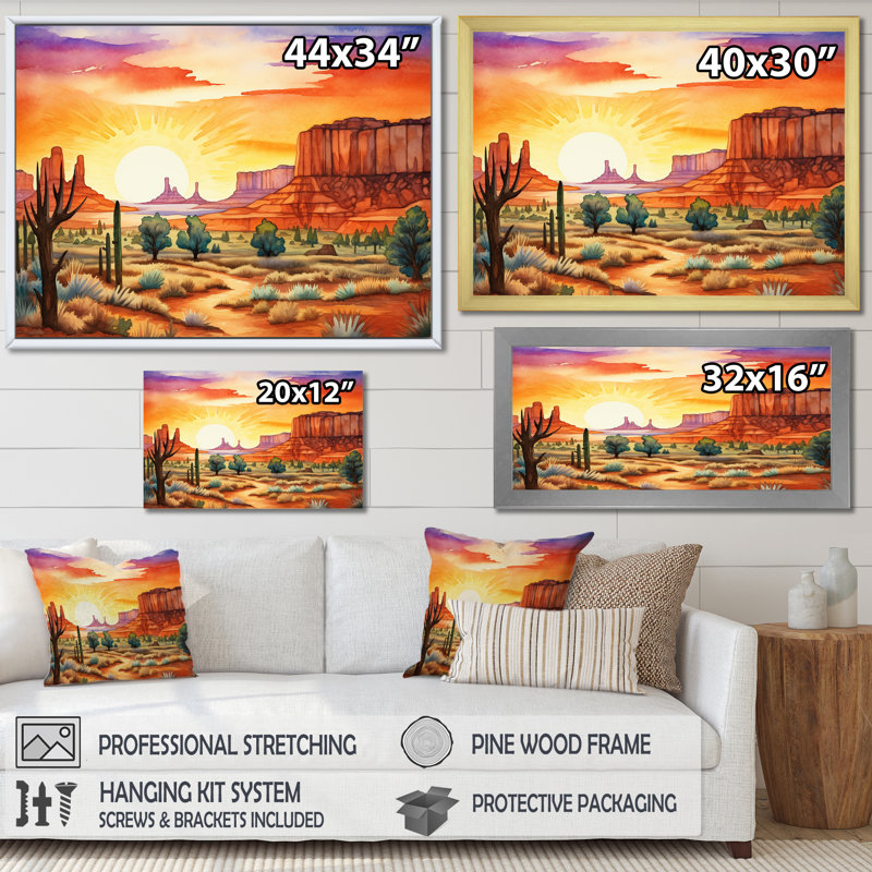 «Native Navajo Landscape III», reproduction sur toile, Cadre doré simple, H 16 po x l 32 po x P 1 po