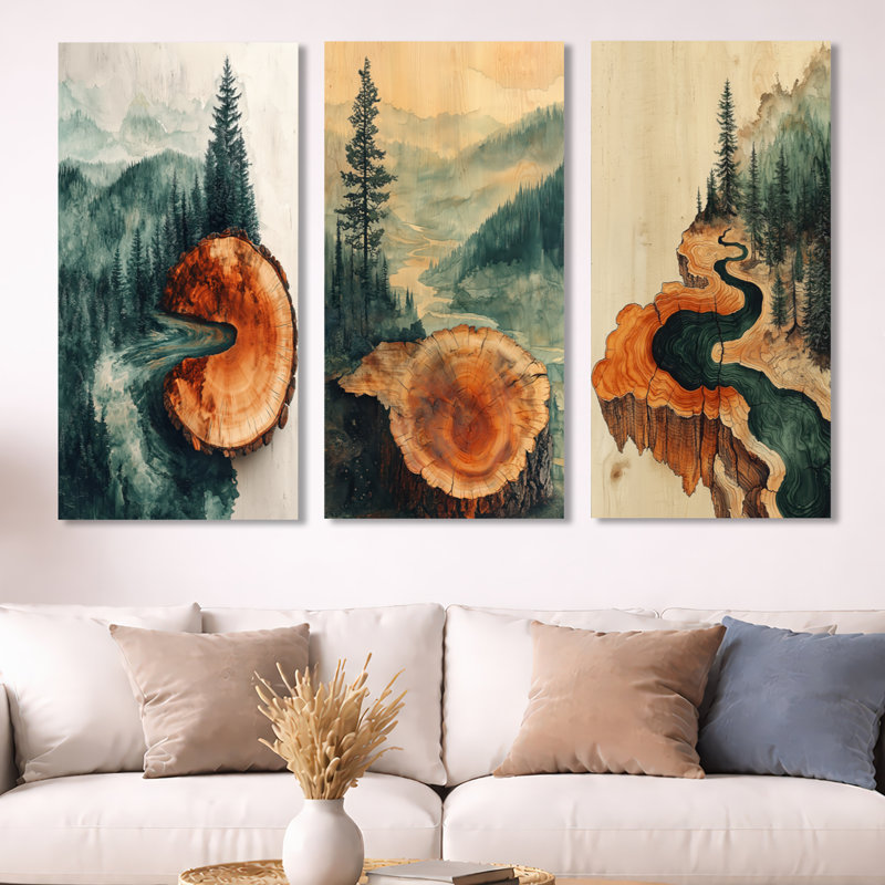 Ensemble de 3 décorations murales Emerald River Into the Birchwood Forest I - Nature, H 32 po x l 48 po