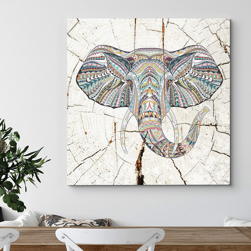 Animaux rétro, éléphant tribal multicolore - impression sur toile tendue, H 24 po x l 24 po x 1,5 po