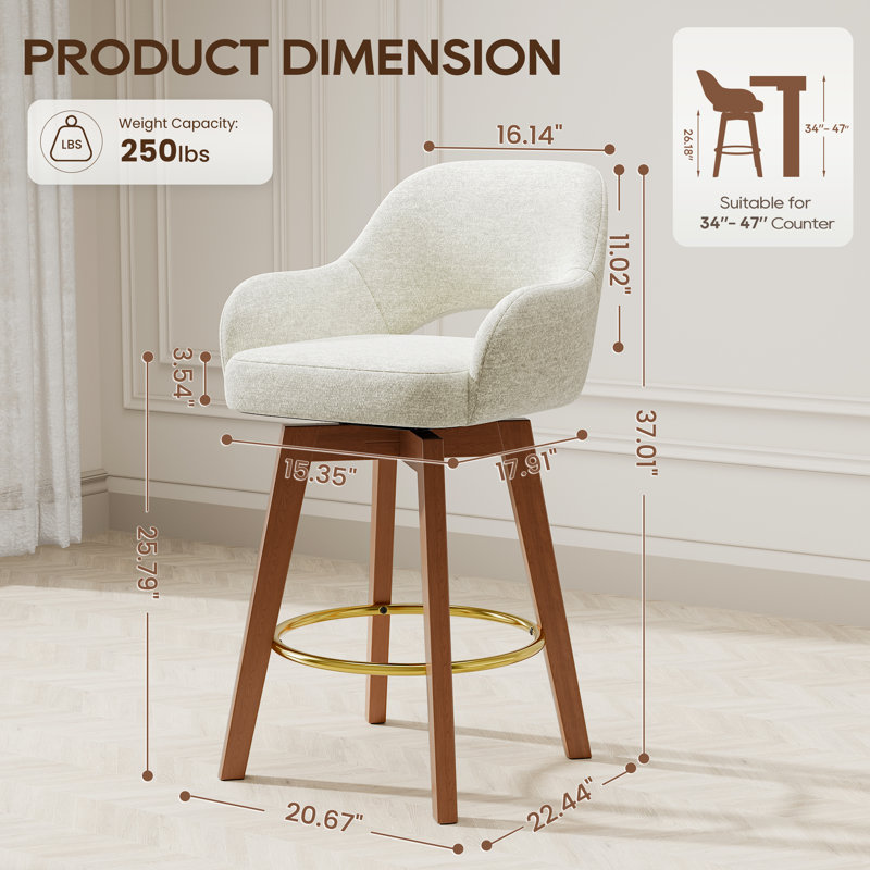 Tabouret de bar rotatif moderne avec accoudoirs et siège rembourré en tissu, Beige