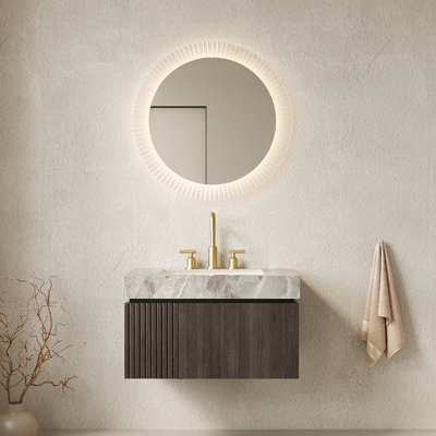 Meuble-lavabo et lavabo 30 po, armoire de rangement en contreplaqué flottant avec tiroir et porte, plateau en pierre frittée gris clair et lavabo en céramique avec 3 trous de robinet pré-percés, pré-assemblé, couleur grain de bois espresso