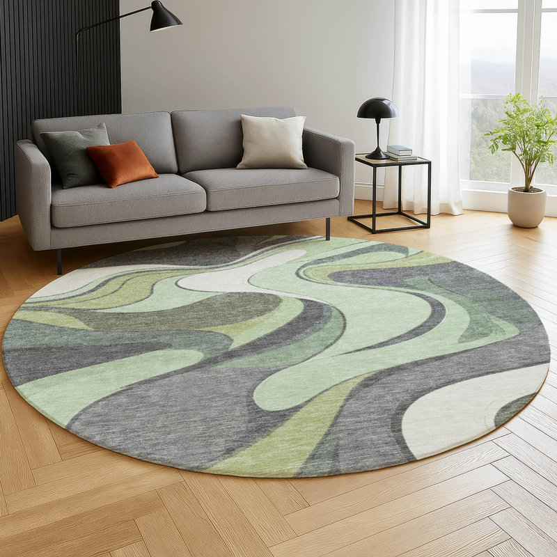 Premium Machine Washable Mayfield  swirls Rug, 8' Round, Green