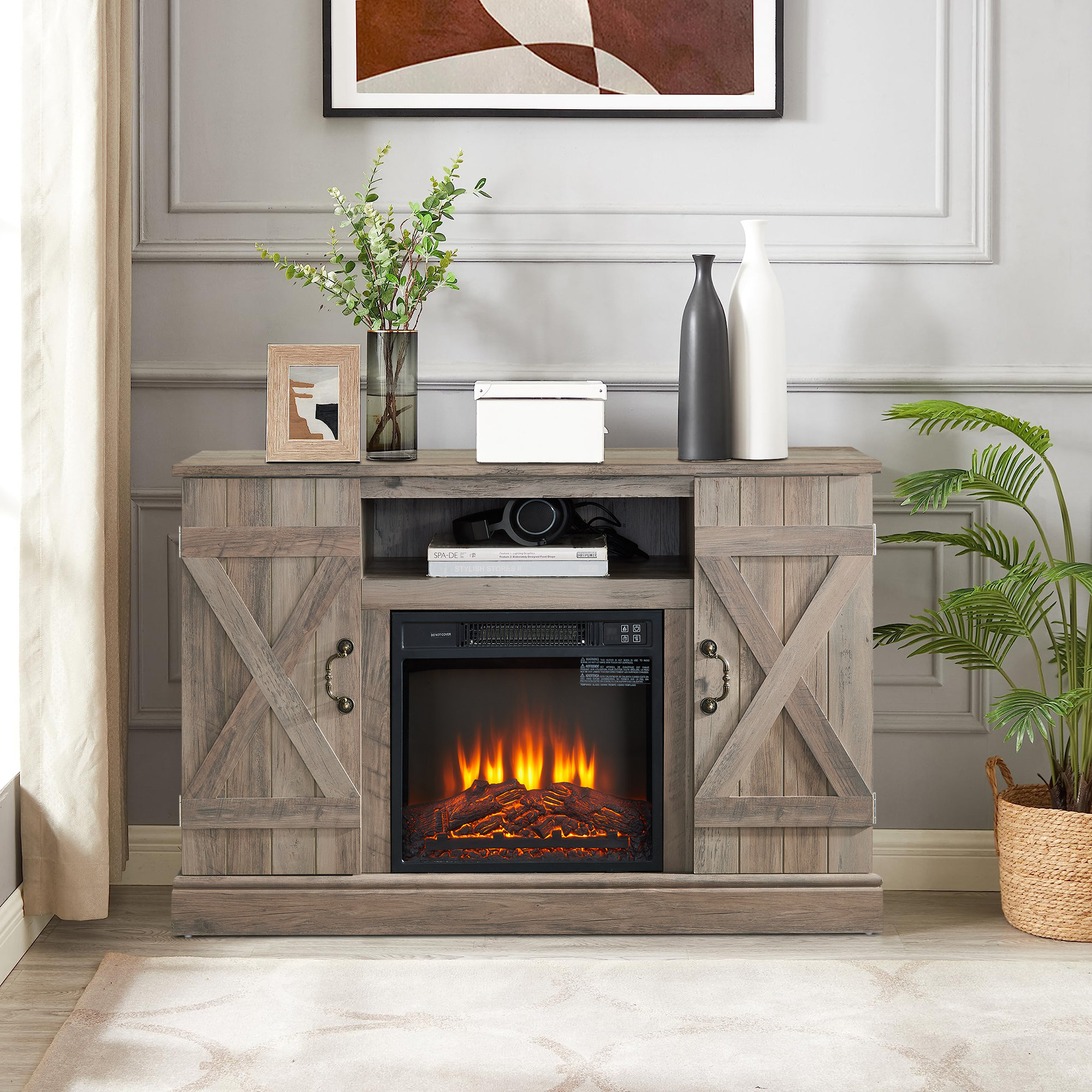 Gracie Oaks Xande 47"W Retro Fireplace Insert TV Stand, 1400W Electric