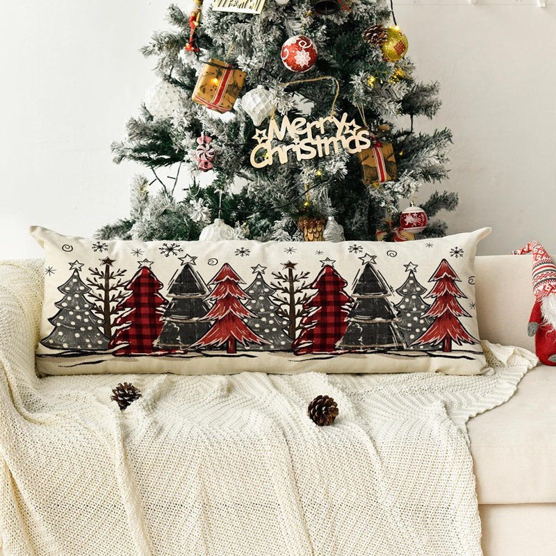 Coussin Watercolor Buffalo Plaid Christmas Trees, Noël blanc, Rectangle H 14 po x l 36 po