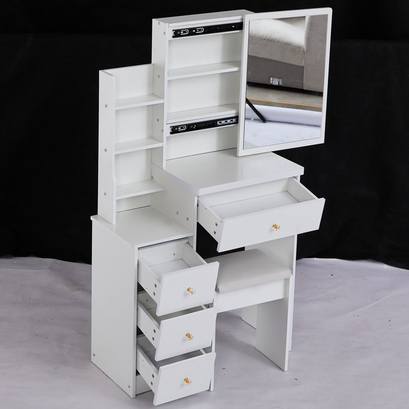Left Bedside Cabinet Vanity Table For Tiny Spaces, With Padded Seat & Extra Large Mirror, Multi-Layer Storage, White Dresser Small Rooms Size Cushioned Stool, Sliding High Capacity Compact